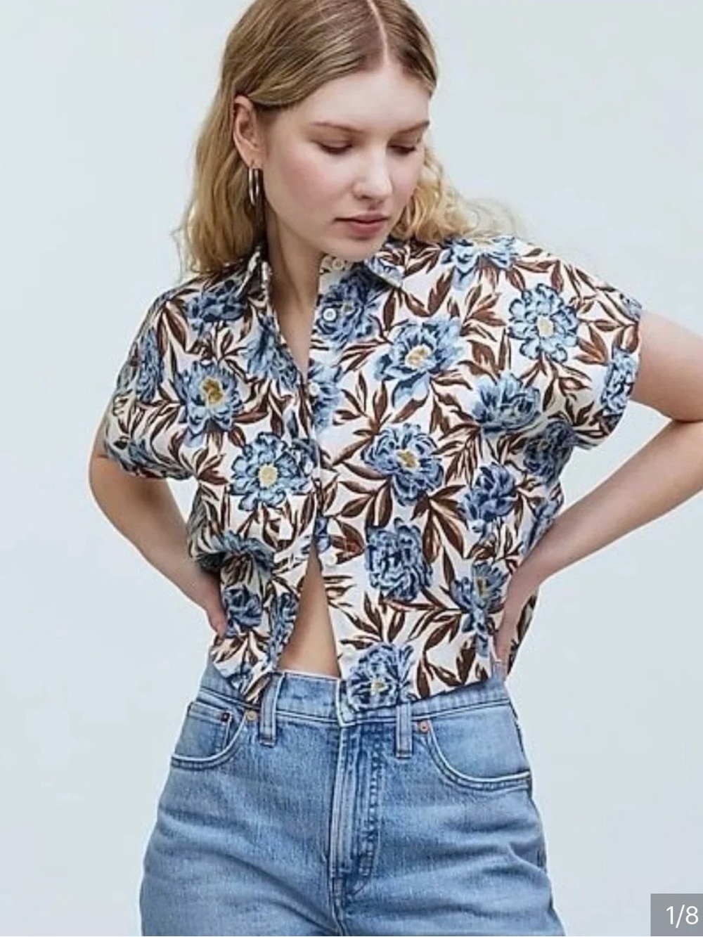 Madewell Blue Floral Button-Front Crop Shirt
